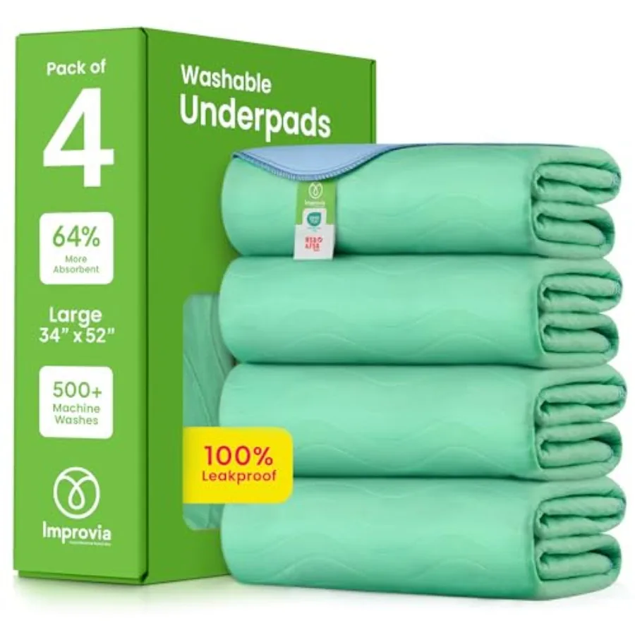 

IMPROVIA Washable Underpads 34 x 52 Pack of 4 - Heavy Absorbency Reusable Incontinence Pads for Adults Elderly and Pets - Water