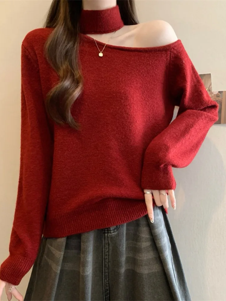 

oulder-baring Wine Red Knitted Sweater Women's Soft Ele Inner Wear Spring New Sle Ciwalk Polyester Fiber Long Sve
