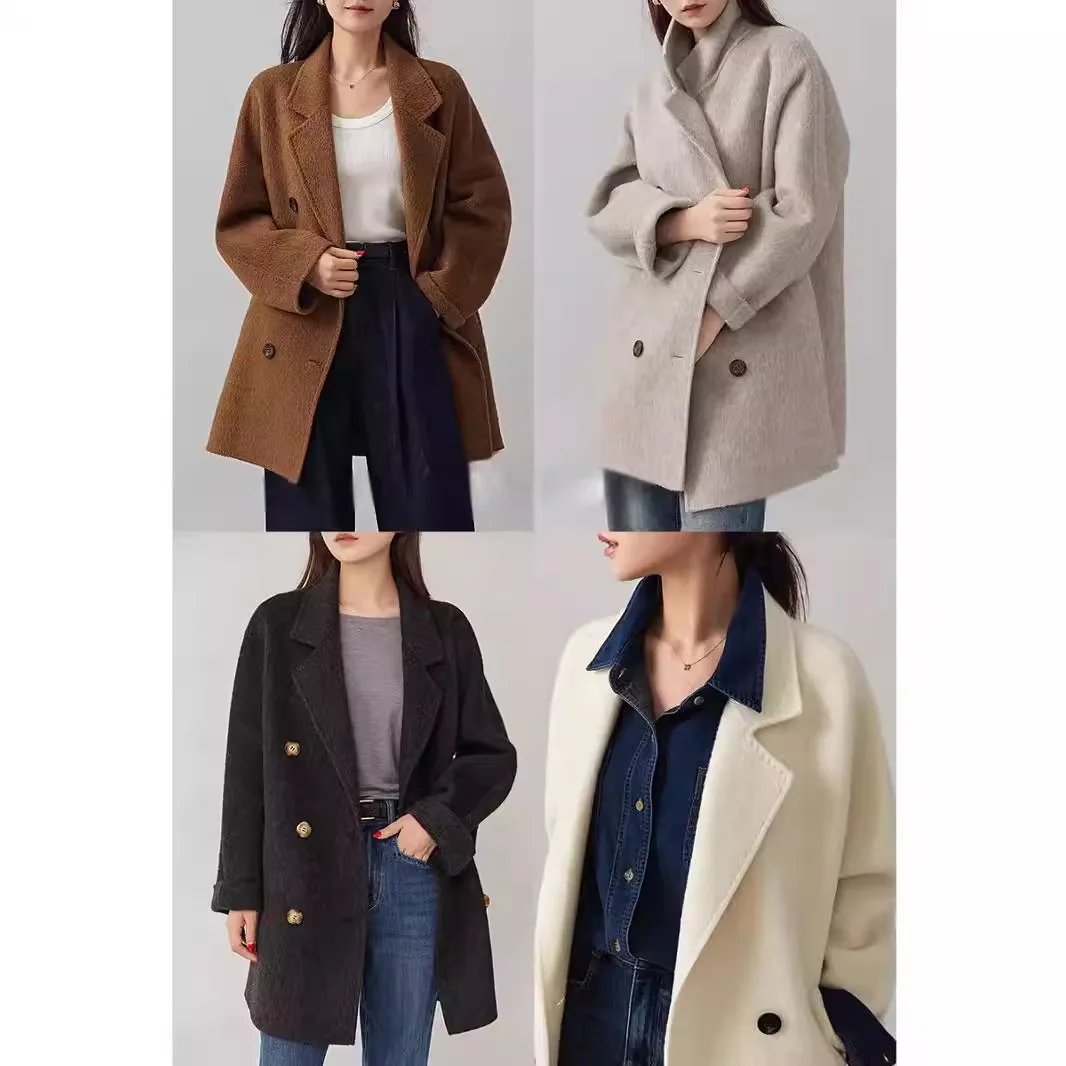 Women Woolen Cashmere Suits Loose Classic Double Breasted Suit Collar Wool Coat For Autumn Spring Winter Jacket Oversize Blazers