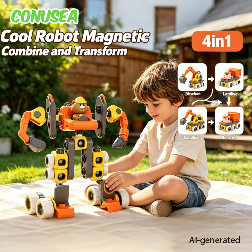 4in1 Magnetic Assembly Robots Engineering Vehicle Multi-Function Construction Team Combined Deformation Educational Toys for Boy
