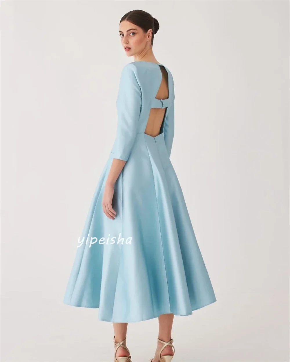 Modern Style 2024 Evening Gowns Satin Flower Draped Pleat Graduation A-line O-Neck Classical Midi Dresses Saudi Arabia for Women