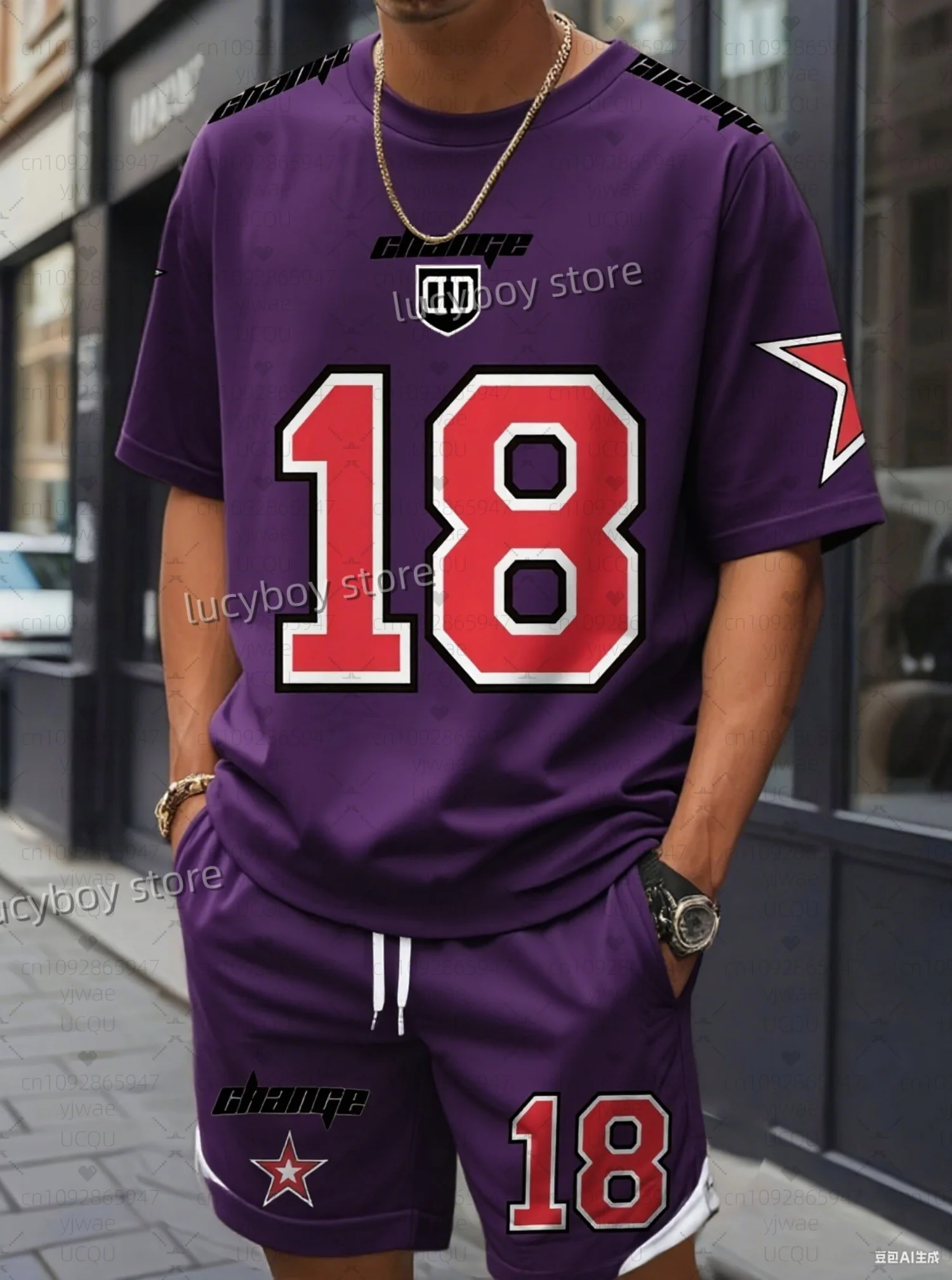 Hot Sell Men challenge no.18 Print  Short Sleeve graphic T-Shirt Shorts Set Adult  Jogging Plus Size Tracksuit 2 Piece Set