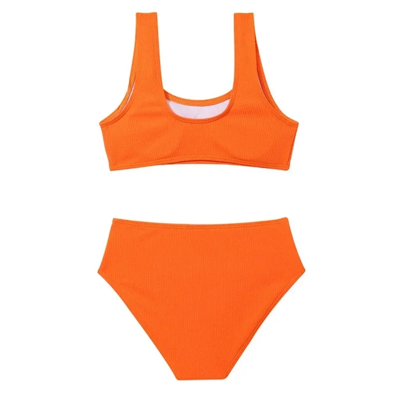 

Детский комплект бикини для девочек, купальник с высокой талией, летний купальник из двух предметов, детский однотонный купальный костюм для бассейна, пляжная одежда