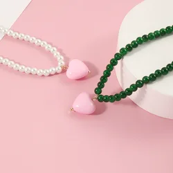 KADRUFI Pink Heart Candy Color Y2K Dopamine Beads Pearl Necklace for Women Korean Fashion Girls Glass Green Beads Choker Jewelry