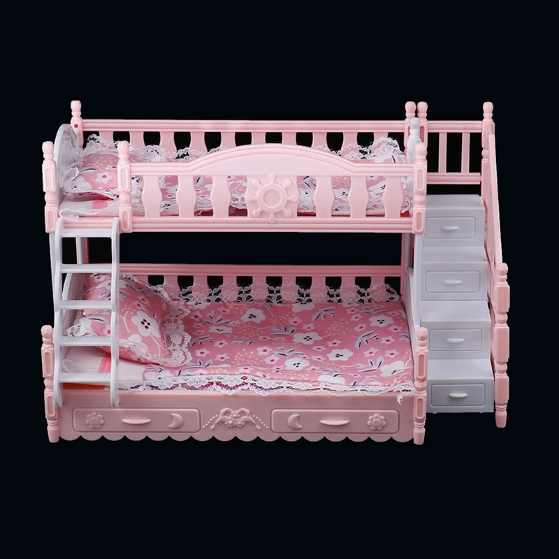 16cm Doll Bunk Bed Toy Accessories With Quilt Pillow Dollhouse European Princess Bed Double Bed With Stairs Doll Girls Toys New