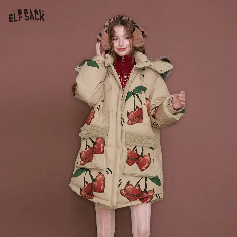 ELFSACK Women's Parka Down Jacket Winter Fur Collar Cherry Print Oversized Sweet Cool Casual Warm Coat