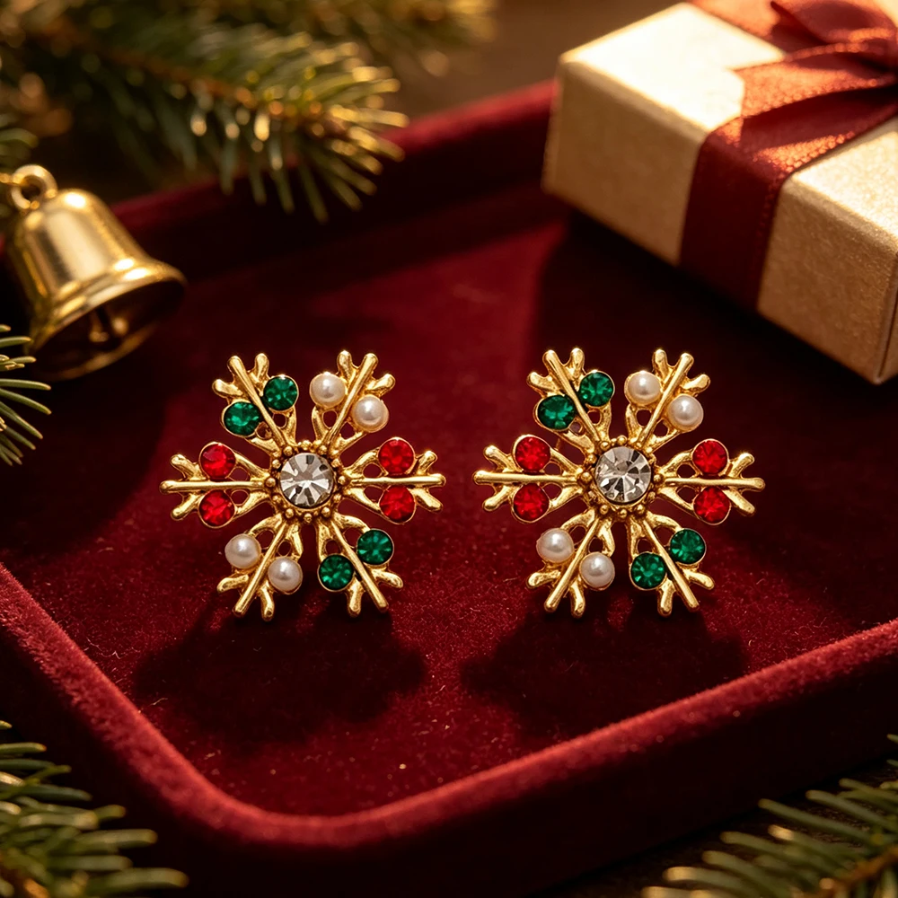 Christmas Snowflake Earrings, Red and Green Colored Diamonds, Imitation Pearls, Golden Snowflake Earrings, Festive Atmosphere Earrings for Women