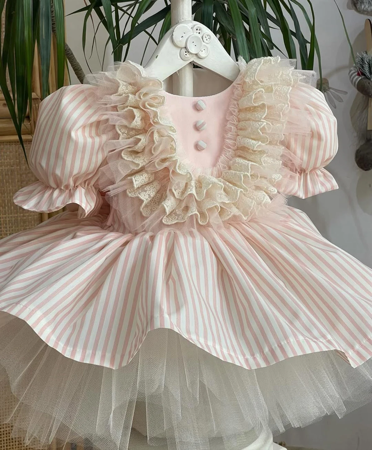 

Summer Girl Pink White Striped Fluffy Dress for Casual Party Birthday Wedding Photography