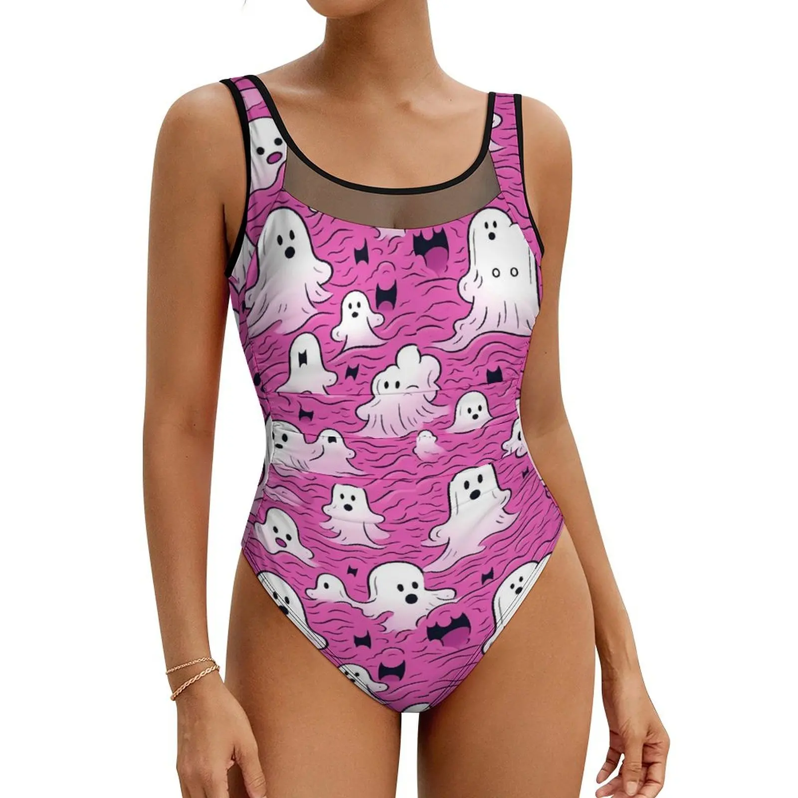 

Pink Ghost Swimsuit Funny Halloween Print Push Up Swimwear One Piece Beach Monokini Bodysuit Sexy Custom Beachwear Large Size