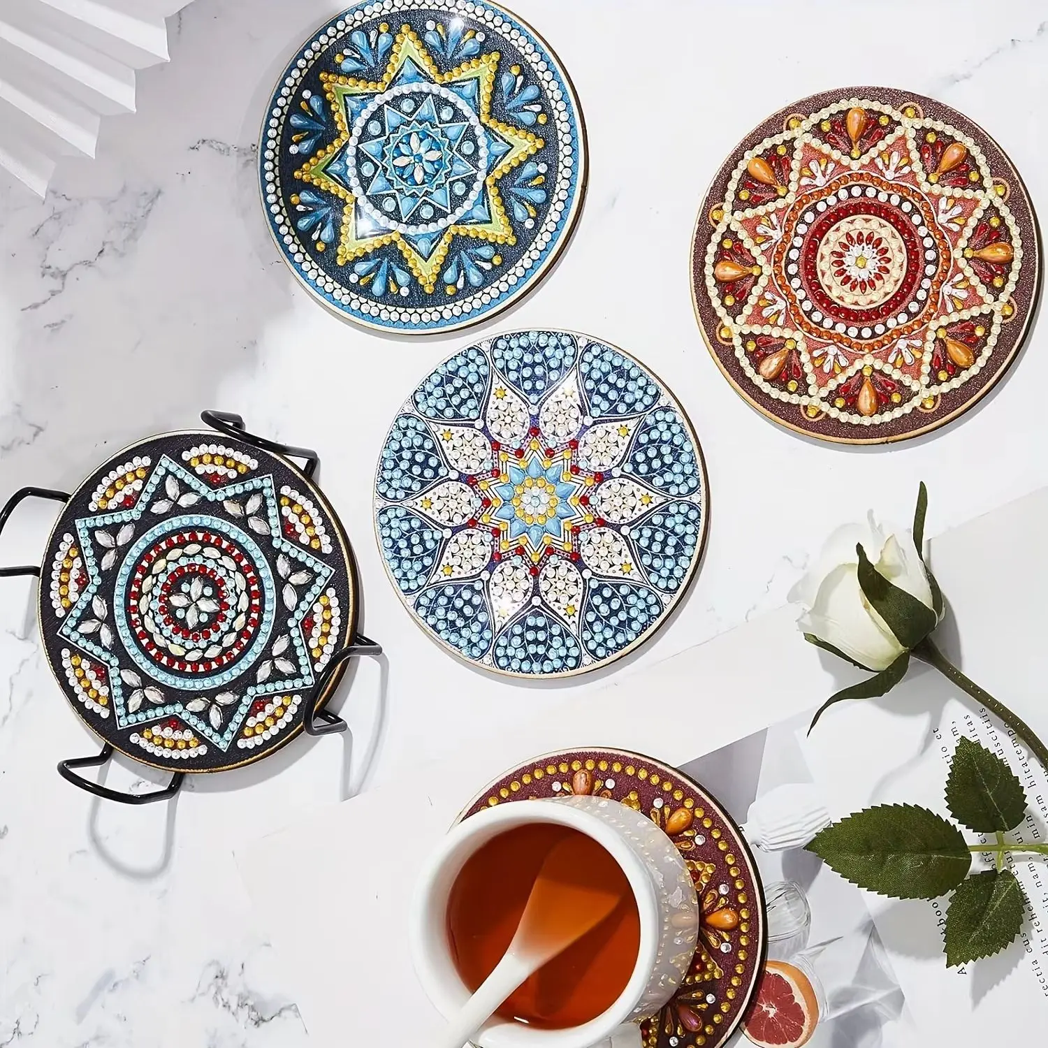 

5pcs Bohemian Style Handmade DIY round Wooden Coasters with Spot Drill Insulated Anti-Slip for Home Decor