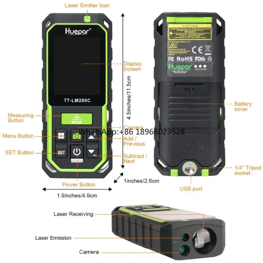 Distance Meter with  2X/4X Zoom 656Ft High Accuracy Rechargeable  Measure M/In/Ft with 17 Modes- LM200C