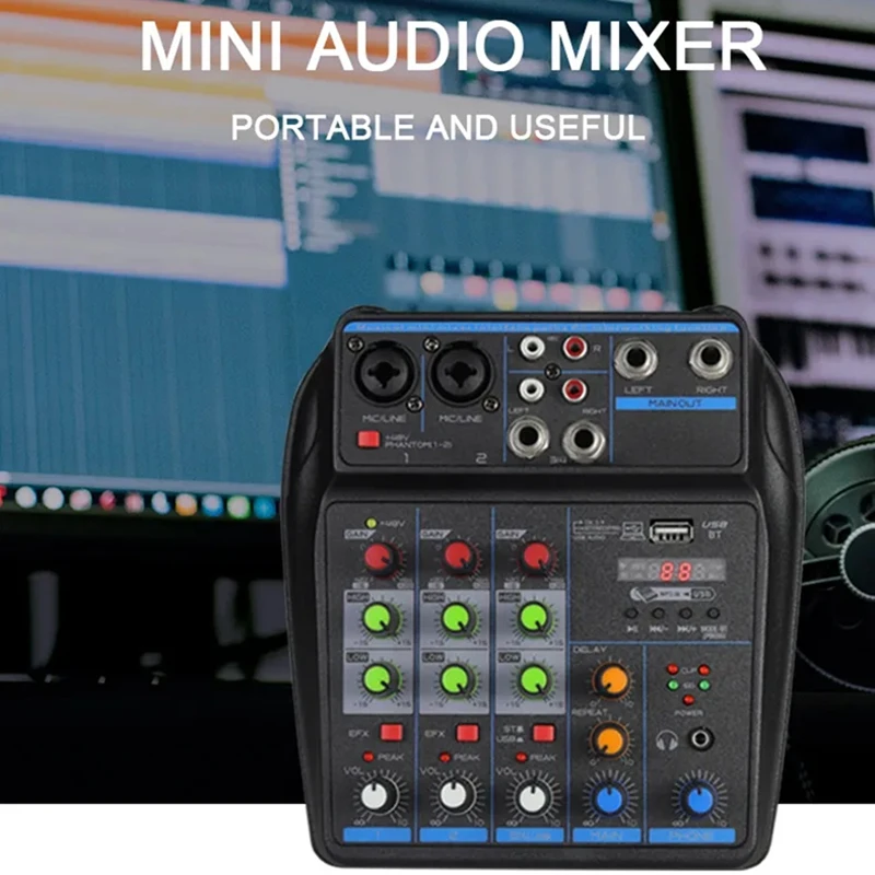 ABAC-4 Kanaals Audio Mixer Mini Sound Mixing Console Bluetooth 48V Voeding Voor Muziek DJ Opname Karaoke systeem