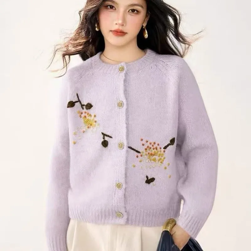 Women Round Neck Floral Embroidery Knit Cardigan Loose Lazy Style Fashion Sweater For Autumn