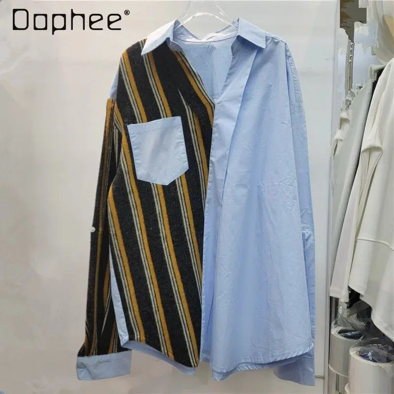 

Новинка 2026, рубашка с длинными рукавами, лоскутная рубашка в нерегулярную полоску, топ с отложным воротником, универсальная рубашка, модные женские топы