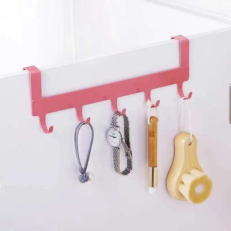 Hot 1Pcs Traceless Door Back Type Over Door Hook Shower Hook Storage Hanger 5 Hooks Bathroom Organizer Rack Iron Art Coat Rack