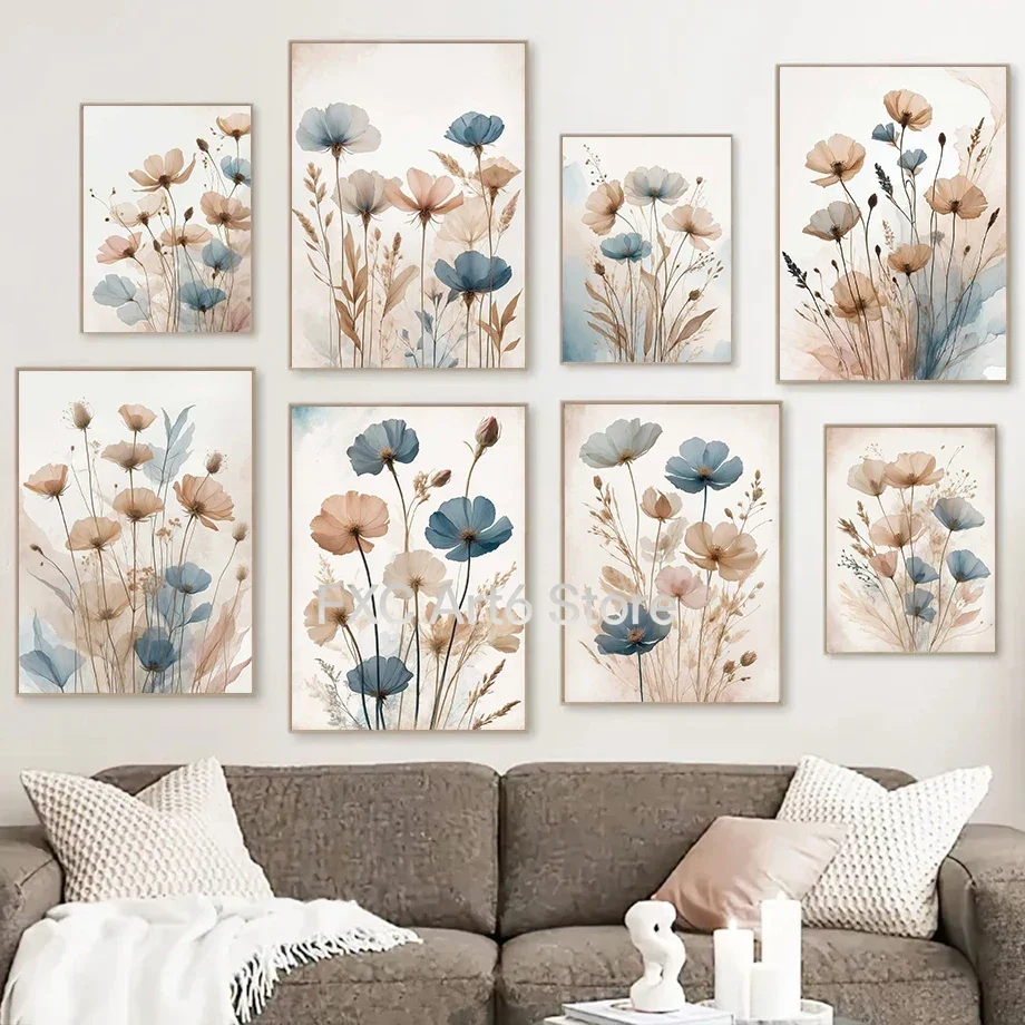 1 Pieza, Cuadro sin Marco, Vintage, Azul Beige, Flores Silvestres, Arte Botánico Minimalista, Póster de Granja, Impresión en Lienzo, Cuadro Decorativo para Pared, Sala de Estar