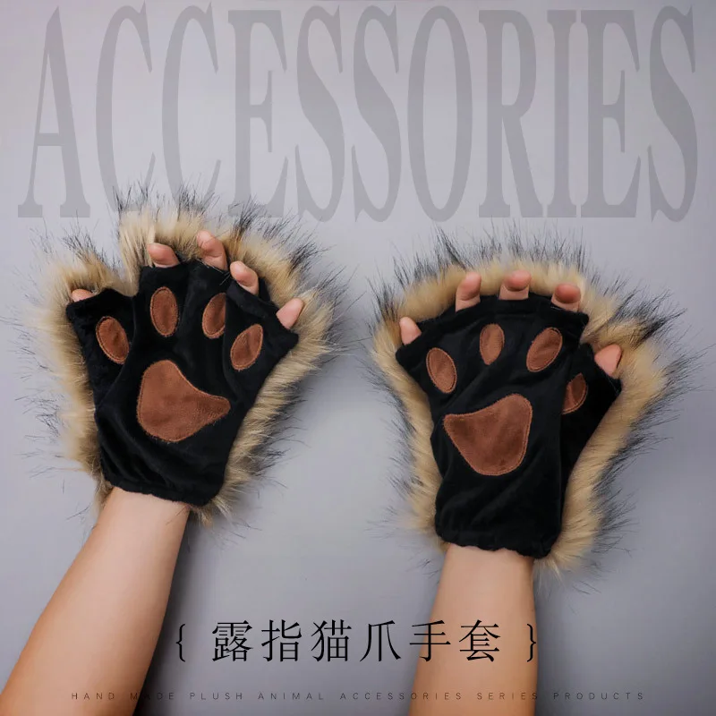 

Handmade Plush Lolita Animal Ear and Claw Accessories Cat Claw Half Finger Gloves