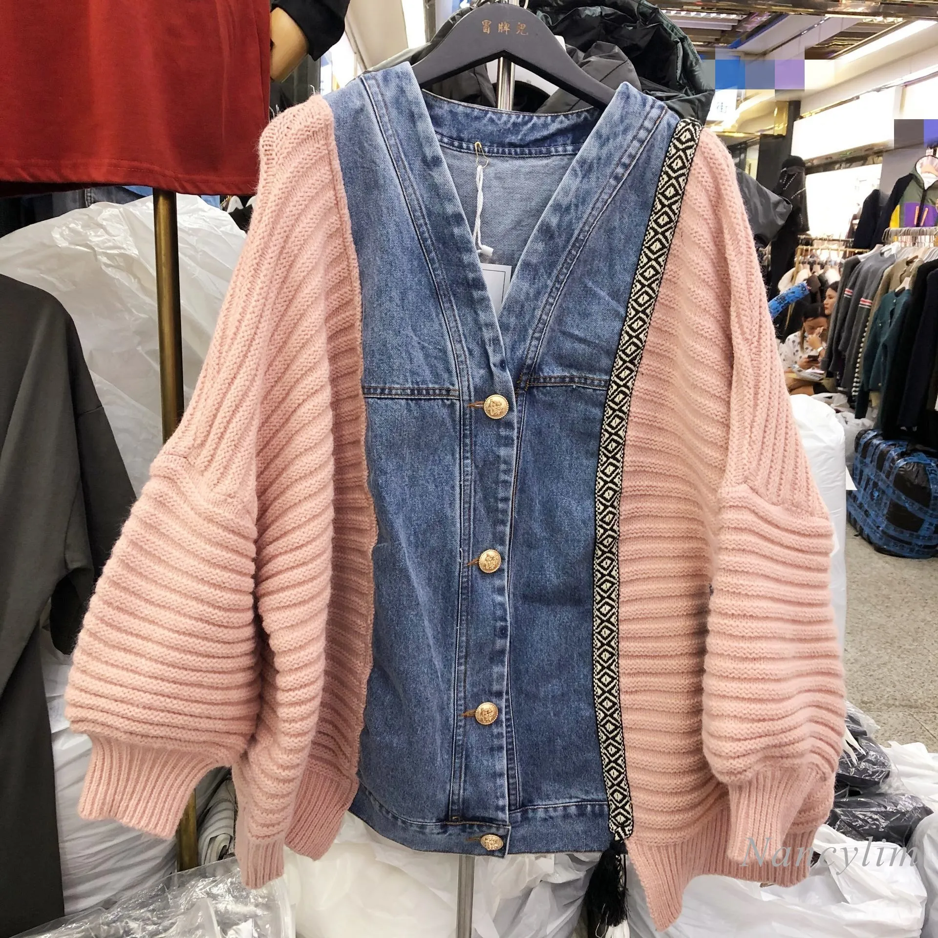 

Denim Patch Knitted Jacket for Women 2023 Spring Autumn New V-neck Loose Coat