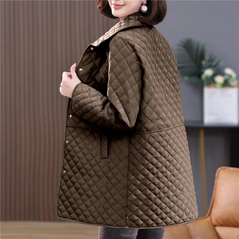 High end Diamond Plaid Cotton Jacket 6XL Women\'s Spring Autumn New Casual Light Thin Small Cotton Coat Female Leisure Outwear