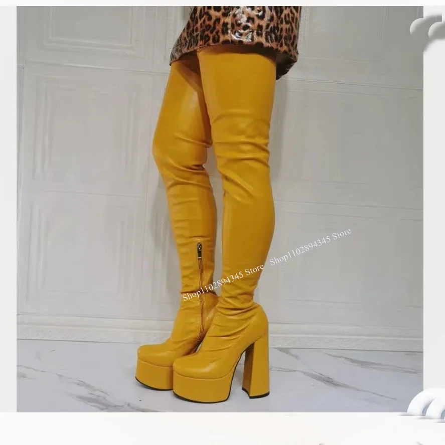 

Yellow Over Knee High Platform Zipper Boots Chunky Heel Leather Fashionable Sexy Winter 2024 Woman Shoes Zapatillas Mujer