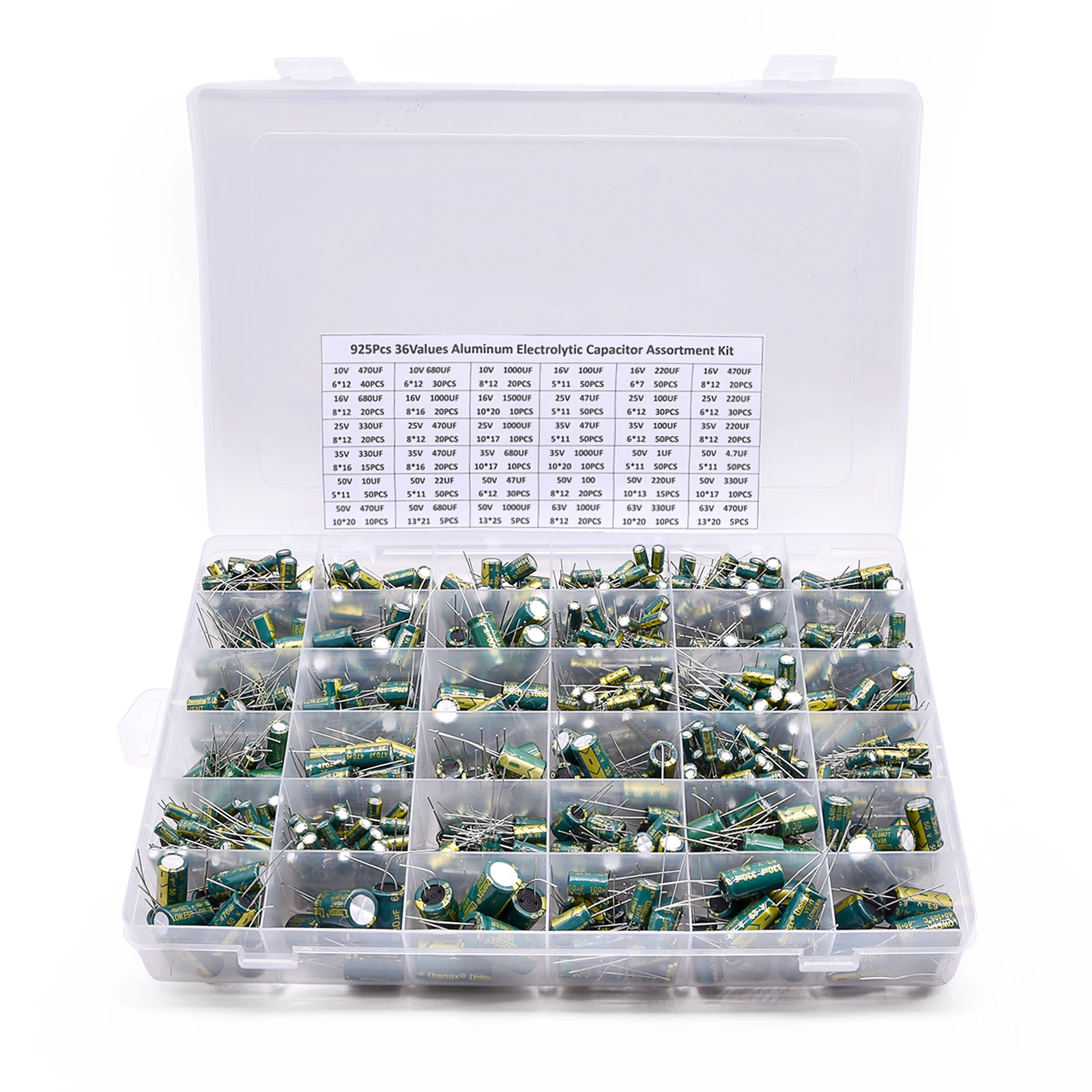 925Pcs 36Values Aluminum Electrolytic Capacitor Assortment Kit Low ESR 1uF 4.7uF 10uF 22uF 47uF 100uF 220uF 330uF 470uF with box