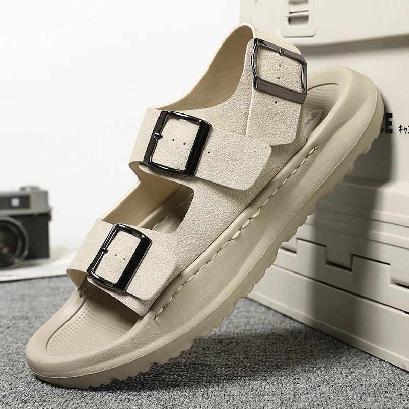 

Мужские уличные пляжные сандалии, повседневные модные летние мужские тапочки, кожаные брендовые дизайнерские тапочки, мужская удобная обувь без шнуровки