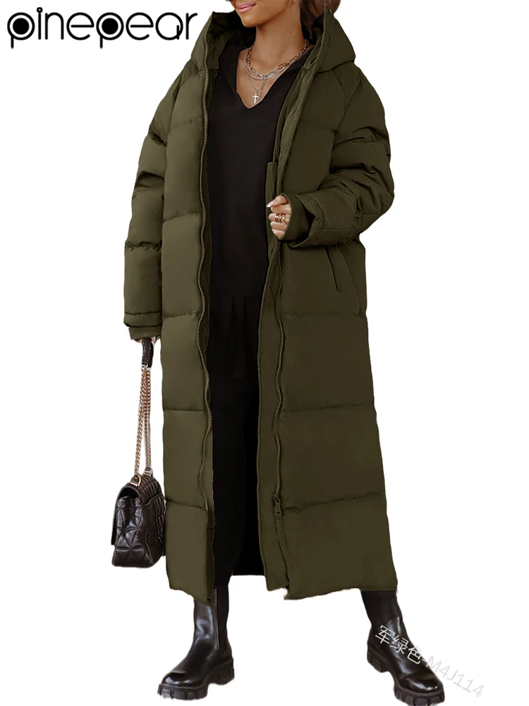 

PinePear Womens Hooded Long Quilted Coat Maxi Length Long Sleeve Puffer Jacket Warm Padded Coat Thick Winter Outerwear 2025