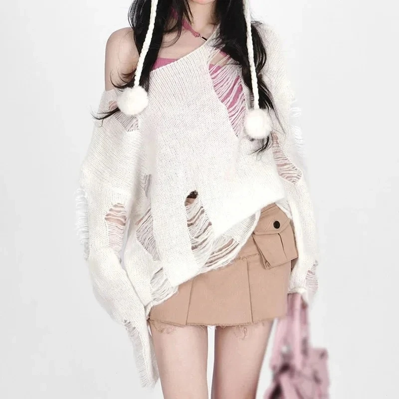 

Повседневный ленивый пуловер с косым воротником и открытыми плечами, свободный трикотаж, женский осенний свитер 2025, новый корейский свитер с дырками