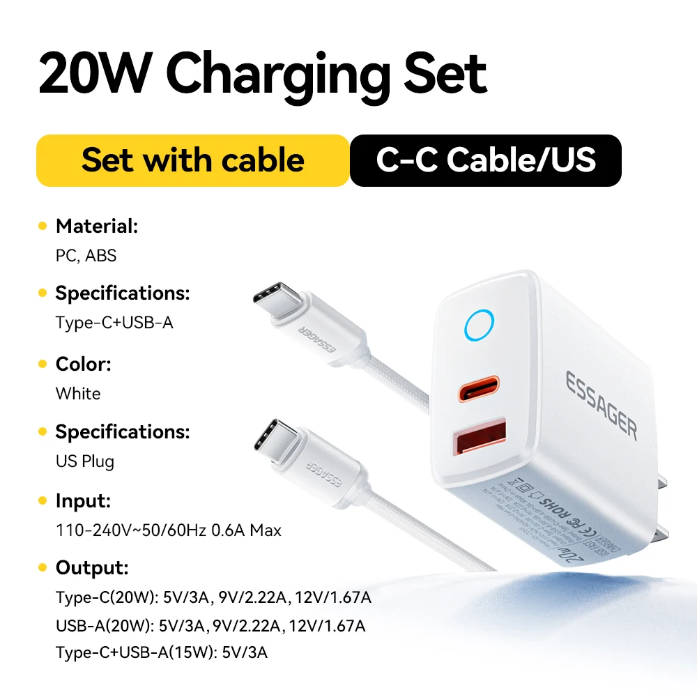 Essager PD 20W USB-C-Ladegerät-Set, schnelles Laden 4.0 3.0 QC PD Ladegerät für iPhone 17 16 15 14 13 12 Pro Max Handy-Ladegerät