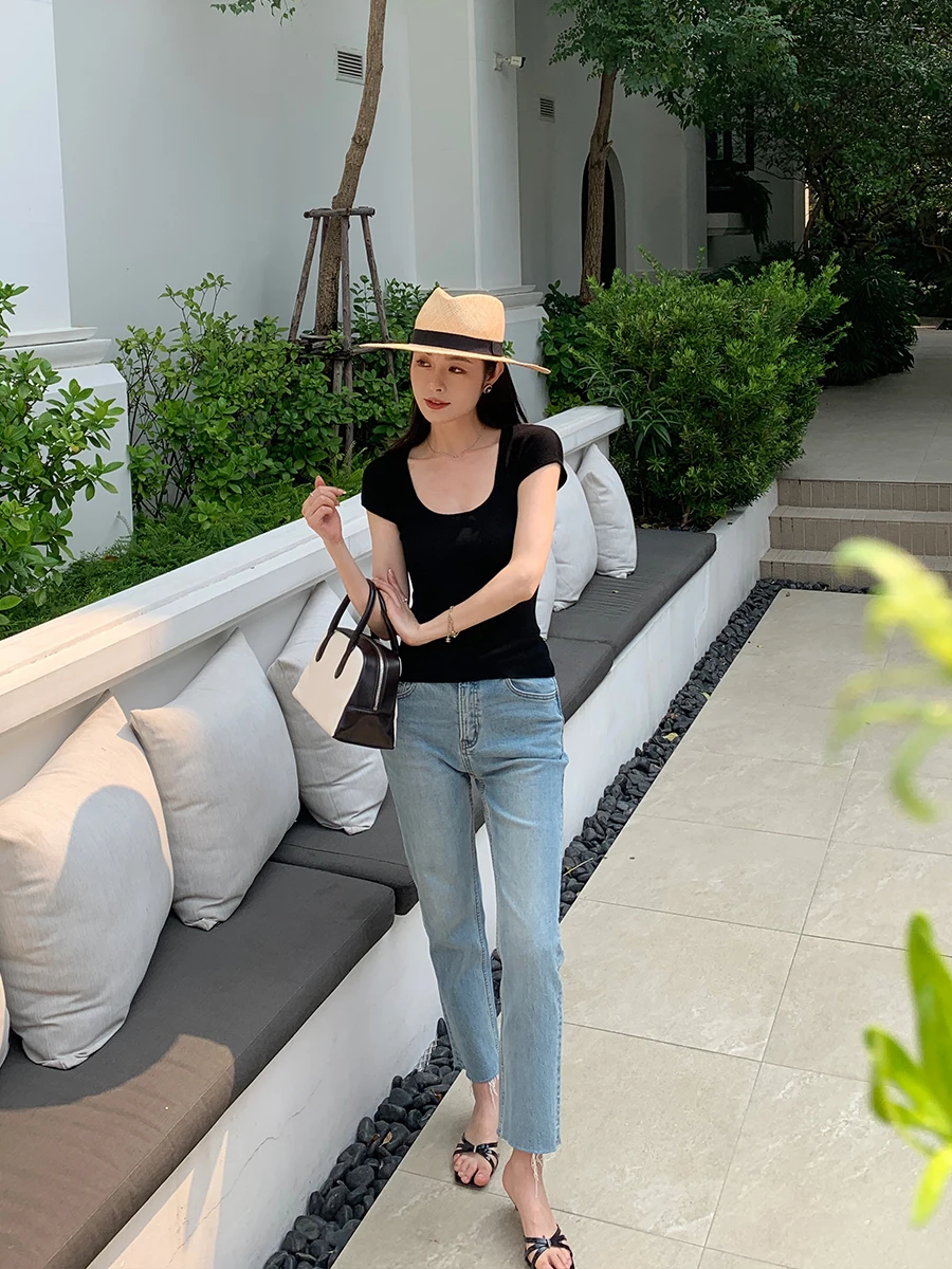 

Классические ретро-джинсы прямого кроя для женщин: облегающие, синие, из денима, универсальные, с простым дизайном, длина 7/8