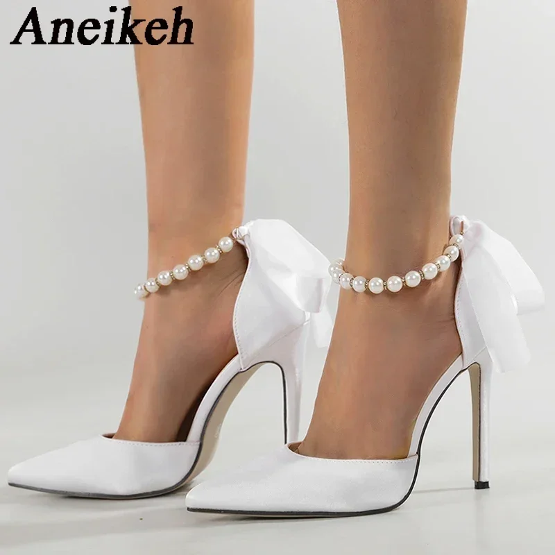 Aneikeh White Design String Bead Ankle Strap Women Pumps Cozy Silk Pointed Toe Lace Up Bowknot High Heels Party Dress Shoes