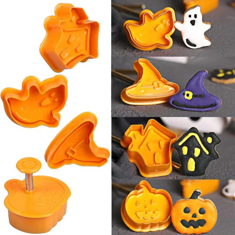 

4pcs Halloween Pumpkin Ghost Theme Plastic Cookie Cutter Plunger Fondant Chocolate Mold Cake Decorating Tools