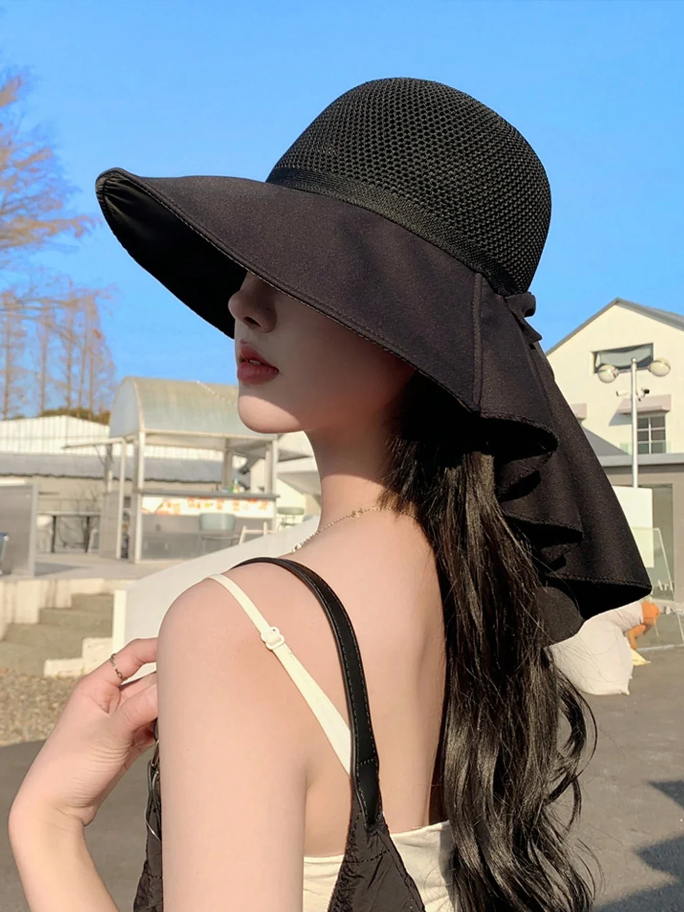 2024 New Women\'s Fashion Outdoor Tourism Sun Protection and Sunshade Hat Mesh Breathable Shawl Hat Face Protection Sun Hat