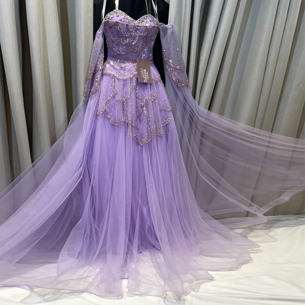

Customized Bead Embroidery Evening Dress Purple Arabic A-Line Off Shoulder Formal Evening Gown Cape Sleeve Prom Party Gown