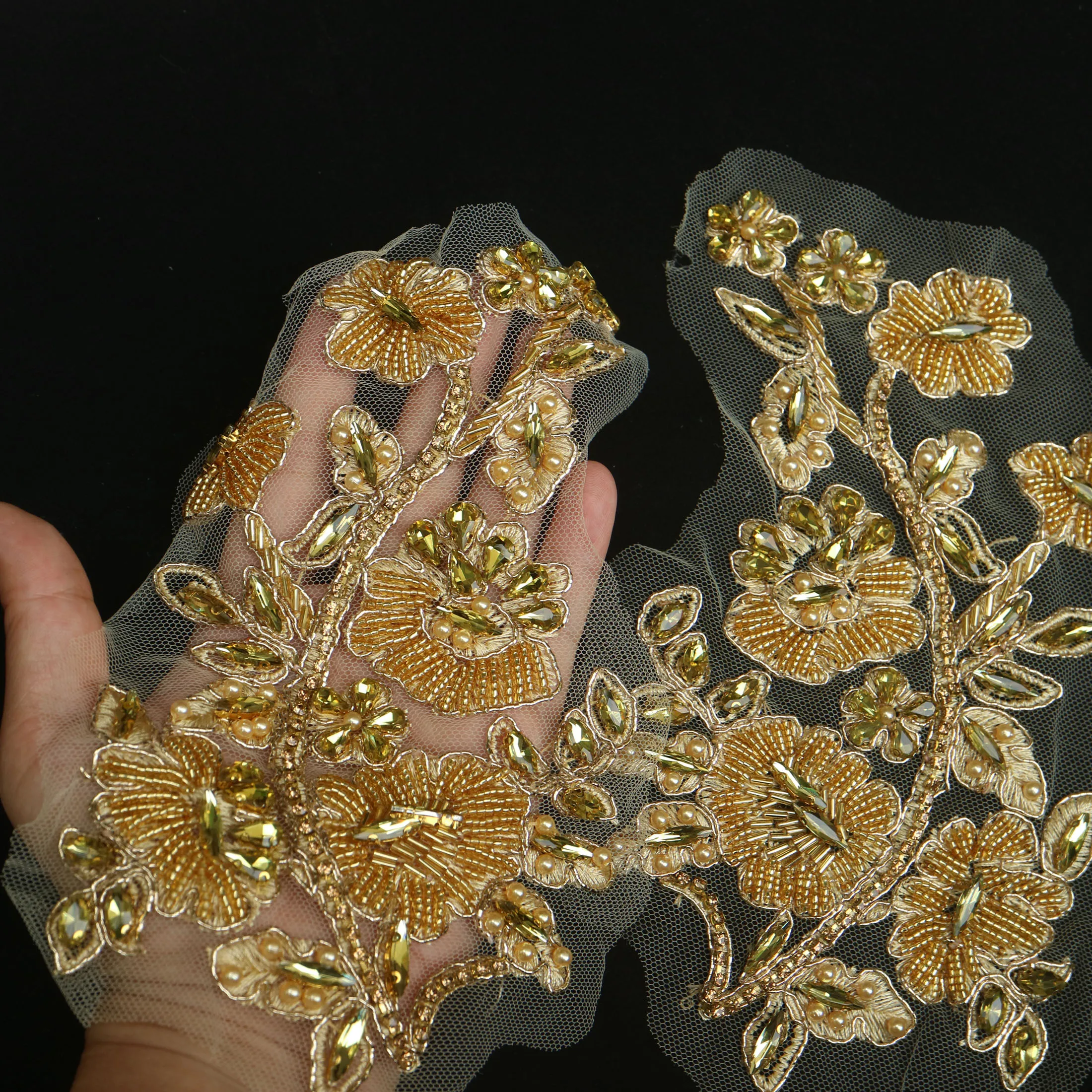 2 Stück/Paar Luxuriöse Glas-Strass-Perlen-Applikationen für Kleidung, DIY-Applikationen zum Aufnähen, Blumenapplikationen für Hochzeitskleider, Stickerei – Detail 4