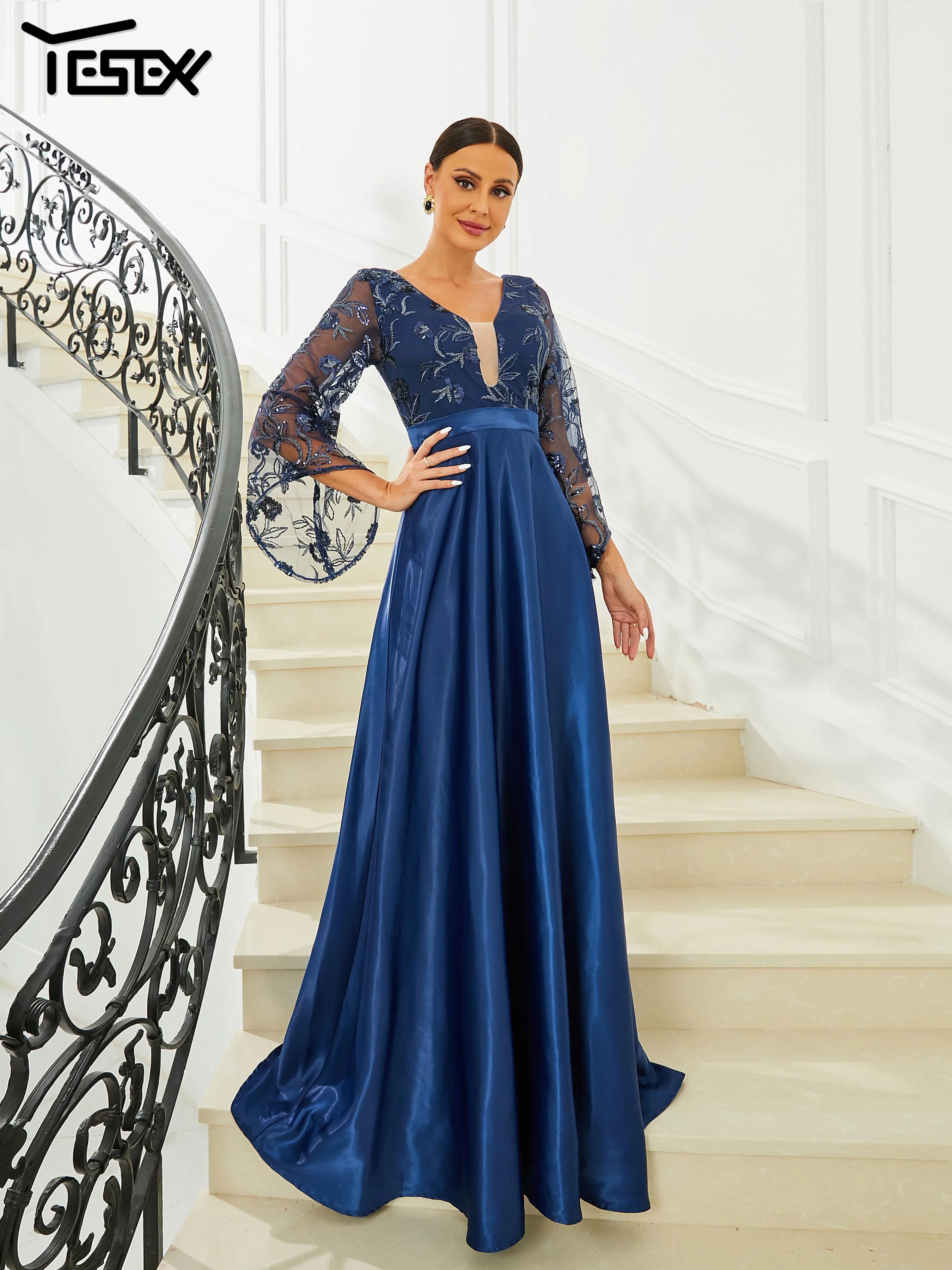 Yesexy New Bell Sleeve Blue Elegant Party Dresses For Women 2023 V Neck A Line Prom Party Evening Dress