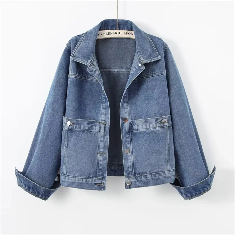 

Big Pocket Blue Short Denim Jacket For Women Spring Autumn 2025 New Versatile Slim Denim Coat Top Jeans Outerwear Ladies