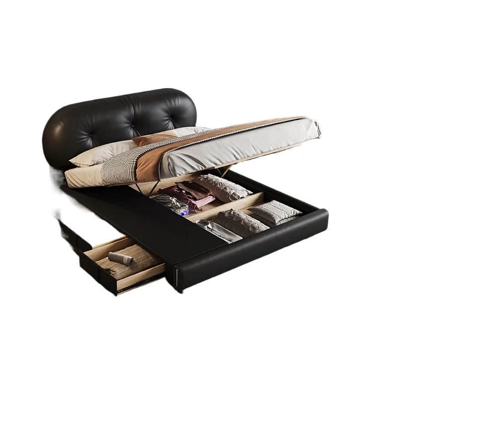 

Home toast bed retro cream style master bedroom double bed French medieval style flush edge storage leather bed