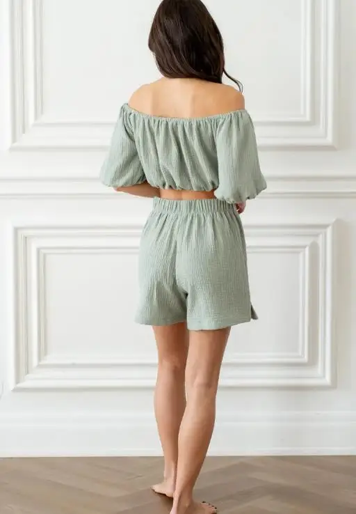 

Summer New Elegant Casual 2-Piece Set with Solid One Neck Off Shoulder Bubble Sleeve Top High Waist Straight Leg Shorts Set