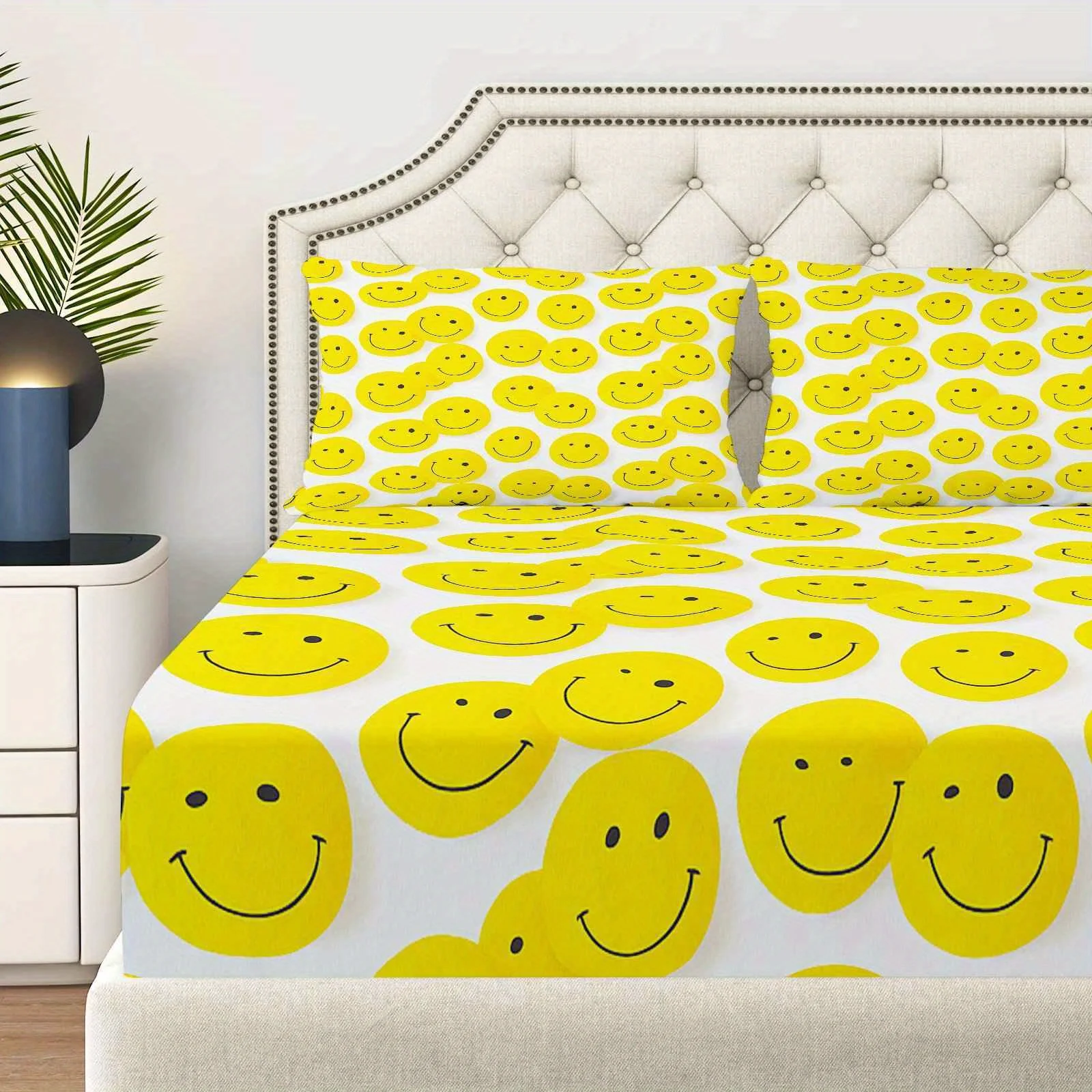 3-Piece Mattress Protector Set, 2D Flat Printed Fitted Sheet, Yellow Smiley Face Bed Sheet Set with Happy Theme, Bright and Lively Pattern Bedding, Mattress Protector