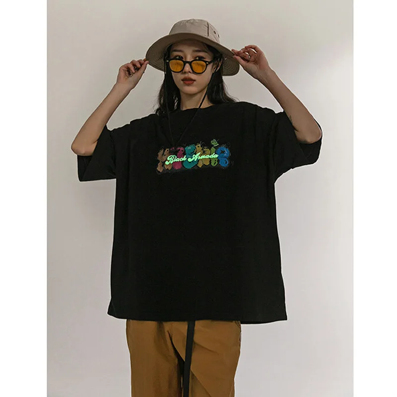 Reflective Print Tshirt Men Women Streetwear Fashion Loose Casual 300g Cotton Oversize Short Sleeve T-shirt Couple T Shirt