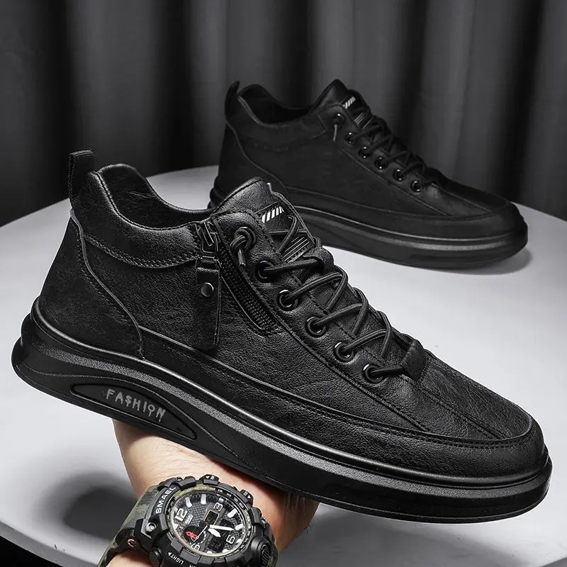 

Men's Elevator Shoes High Top Leather Waterproof Casual Sneakers Korean Style Black Thick Sole Autumn Winter Shoes