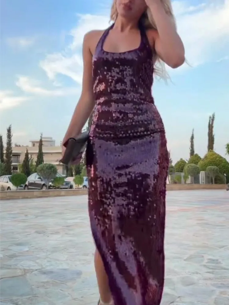

Halter Sequin Dress Party Dresses Sexy Backless Slim Fit Fashion Elegant Hanging Neck Women Beach Dress Socialite Evening Robes