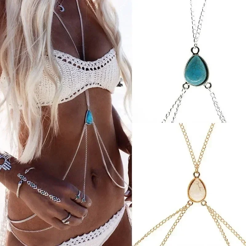 New Women Bikini Harness Waist Belly Body Turquoise Chain Jewelry Body Jewelry Waist Chain for Women Fashion Belly Chains