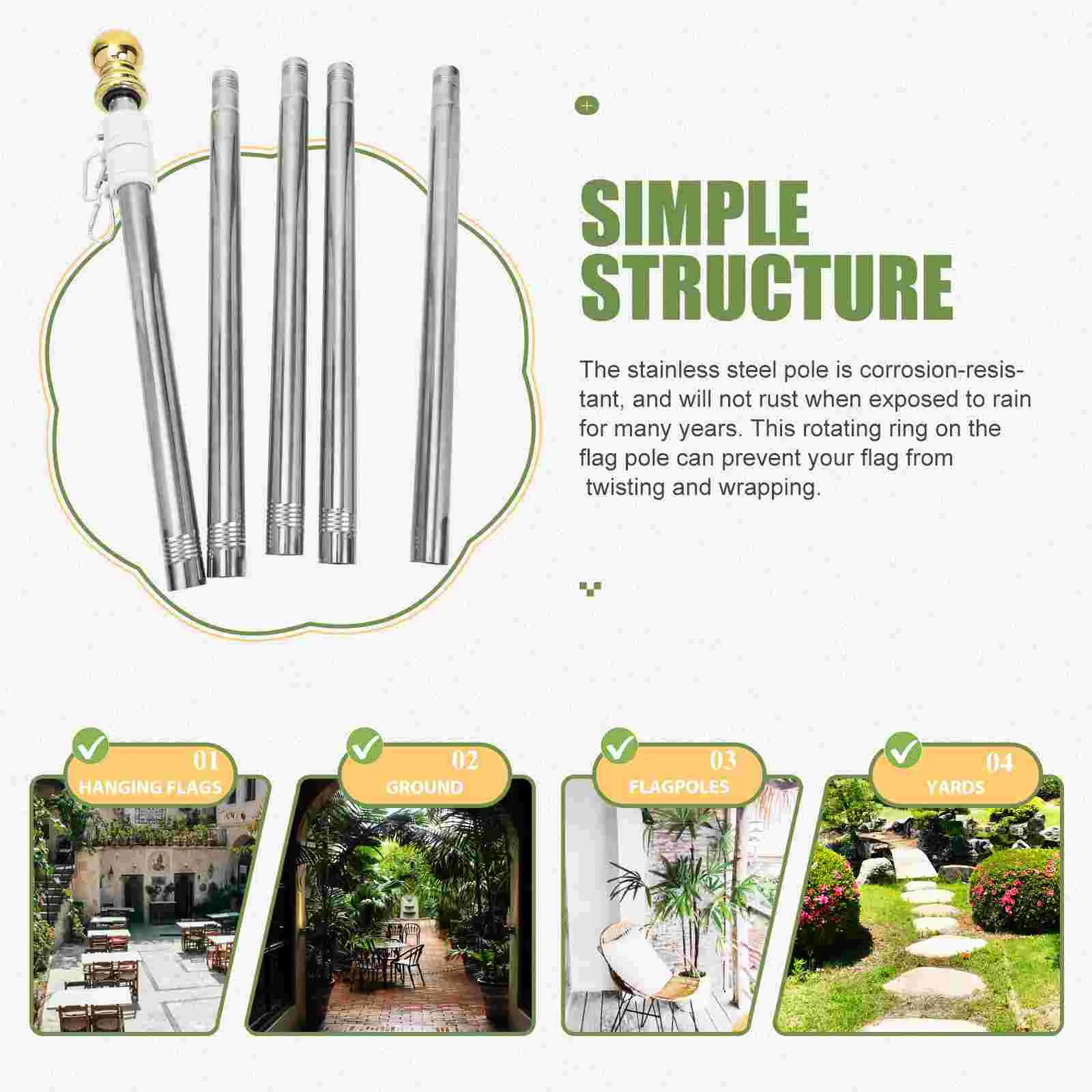 Stainless Steel Flagpole Professional Stand Outdoor Solar Lights Commercial Holder Garden Rod Bracket Rustproof