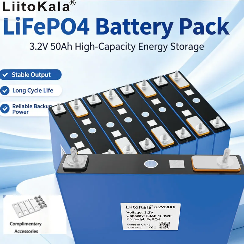 LiitoKala 3,2V 50Ah Lifepo4 Wiederaufladbare Batterie 12V 24V 36V 48V für Reisen, Solaranlagen, Wohnmobile, Zellenklasse A, steuerfrei