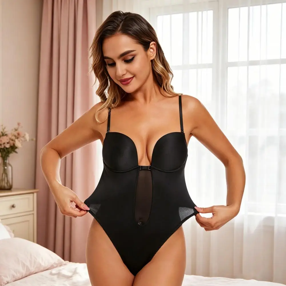 Seamless Bodysuit for Women, Deep V Neck Push Up Shapewear with Built-in Bra, Clear Strap Bra Thong Underwear Evening Dress