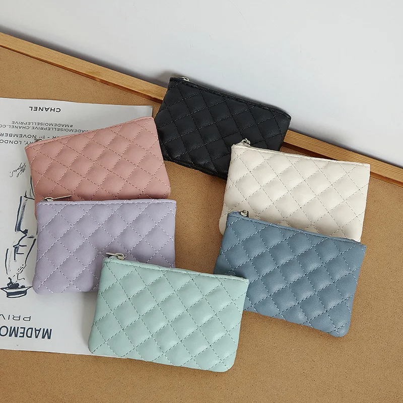 Coin Purse Ladies New Diamond Check Short Pure Color PU Leather Ultra-light Ladies Bank Card Coin Bag Wholesale