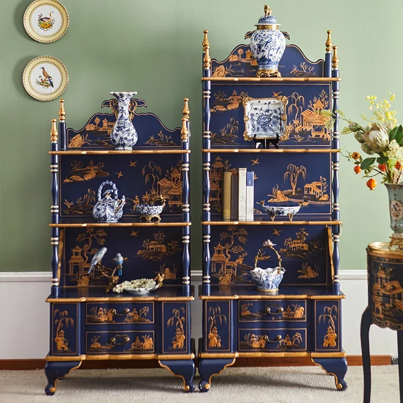 French Chinese style bookshelf solid wood hand-painted display cabinet retro storage shelf classical luxury display shelf blue