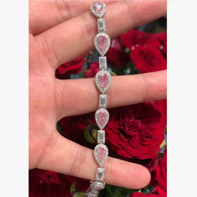 8Ct DEF/VS VVS Pear Cut Fany Pink Diamond And Emerald Cut & Round Cut 14K Gold Lab Grown Diamond Tennis Bracelet For Womens